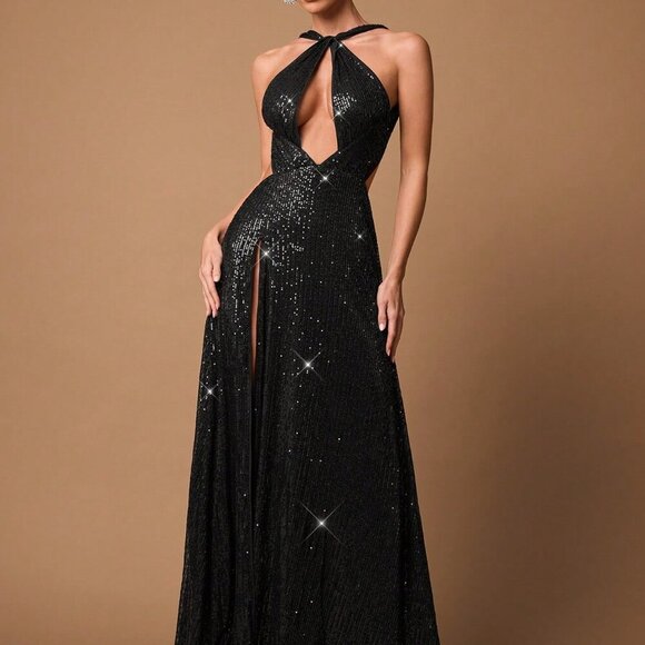 Black Elegant Womens Glitter Sequin Party Dress with Hollow Tie-Up Design & Slit - Picture 4 of 9